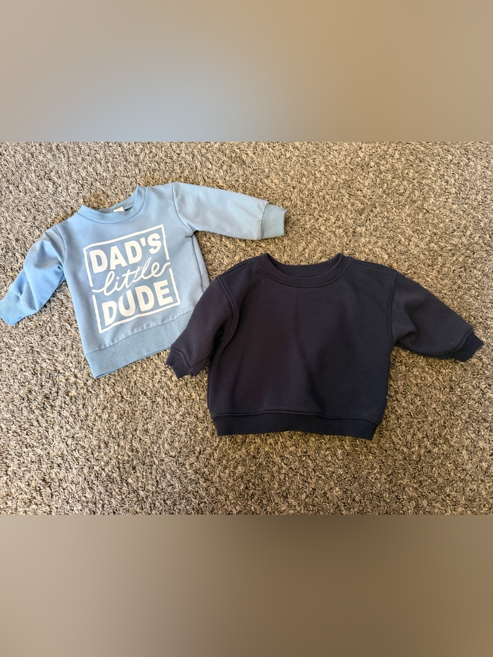 Amazon Light Blue "Dad's Little Dude" Sweatshirt & Navy Crewneck Set